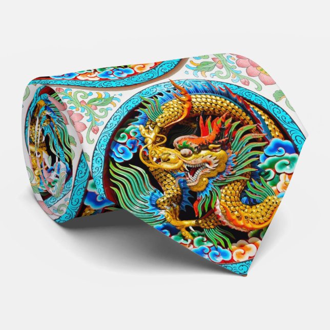 Cool chinese colourful dragon paint lotus flower neck tie (Rolled)