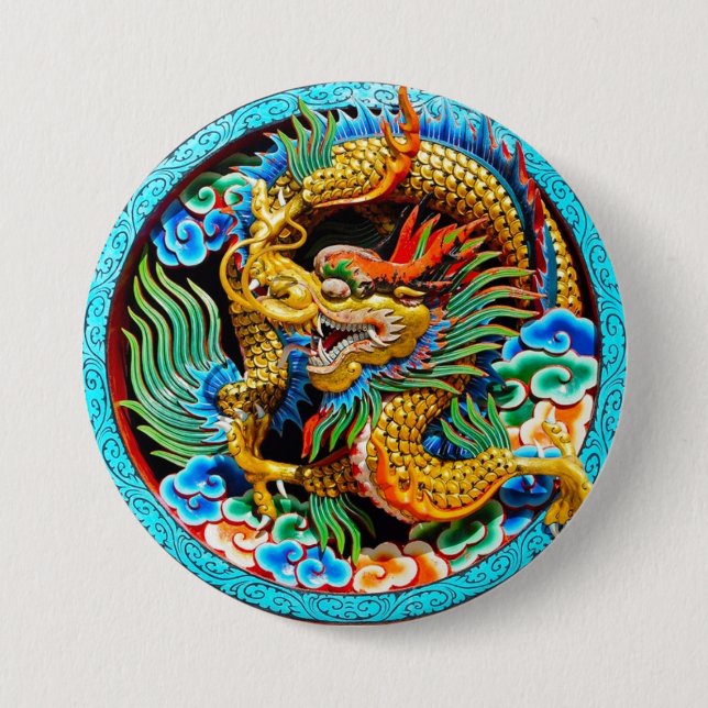 Cool chinese colourful dragon paint lotus flower pinback button (Front)