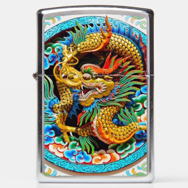 Cool chinese colourful dragon paint lotus flower zippo lighter (Front)