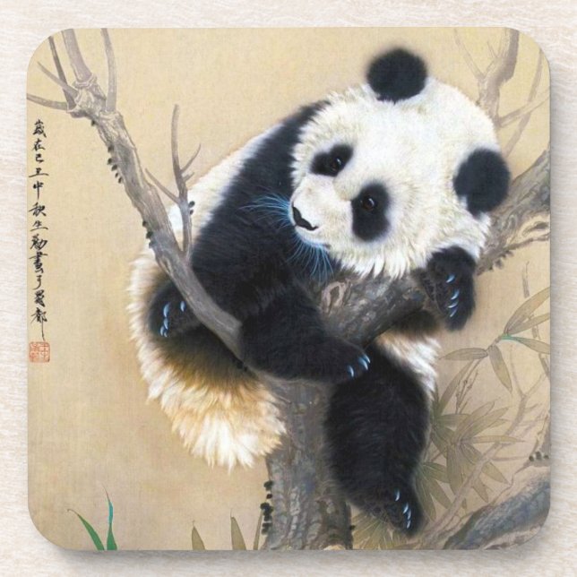 Cool chinese cute sweet fluffy panda bear tree art beverage coaster (Front)