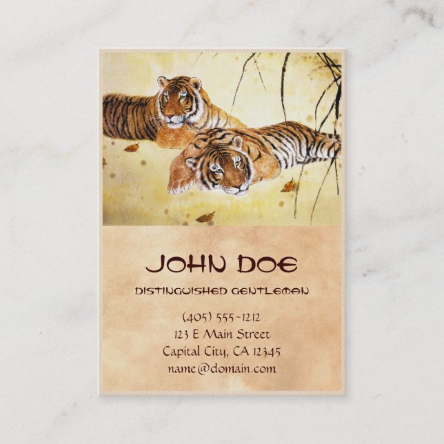 Cool chinese fluffy tiger rest sunset art business card (Front)