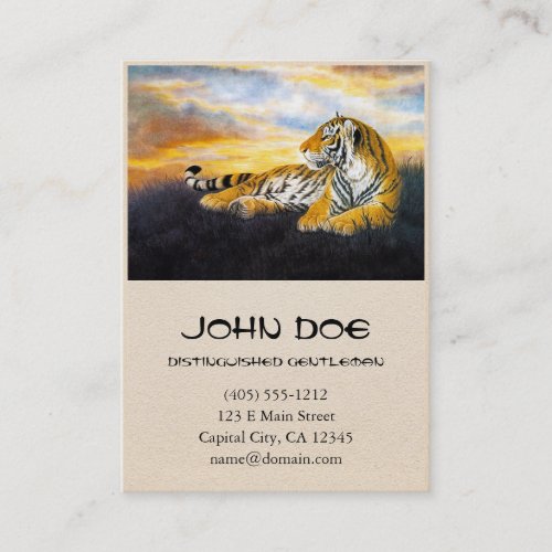 Cool chinese fluffy tiger rest sunset meadow art business card