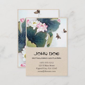 cool chinese lotus leaf pink flower butterfly art business card