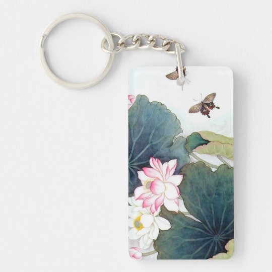 cool chinese lotus leaf pink flower butterfly art keychain