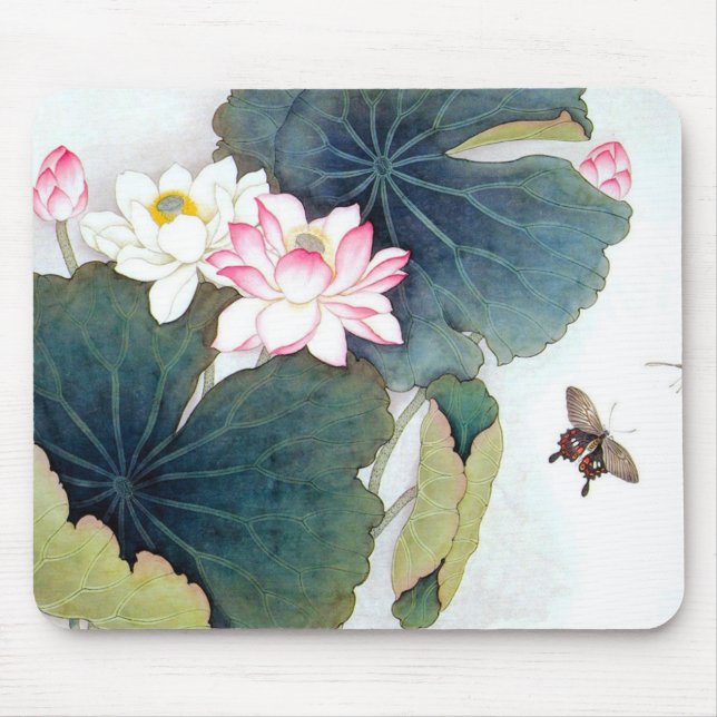 cool chinese lotus leaf pink flower butterfly art mouse pad (Front)