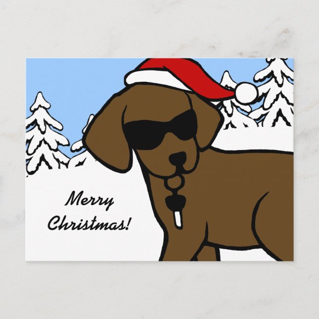 Cool Chocolate Lab Cartoon Christmas Snow Woods Holiday Postcard (Front)
