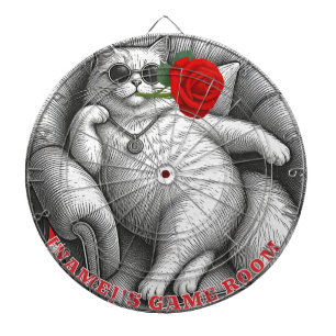 Cool Chonky Cat with Red Rose Vintage Sketch Art Dart Board
