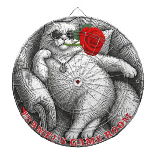 Cool Chonky Cat with Red Rose Vintage Sketch Art Dart Board