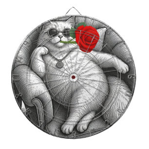 Cool Chonky Cat with Red Rose Vintage Sketch Art Dart Board