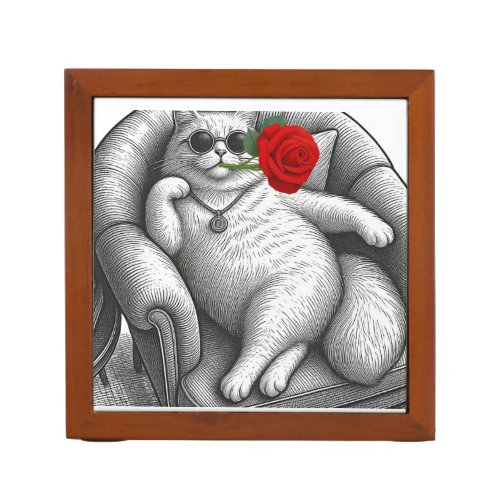 Cool Chonky Cat with Red Rose Vintage Sketch Art Desk Organizer