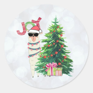 Cool Christmas Llama Joy Typography Bokeh Back Classic Round Sticker