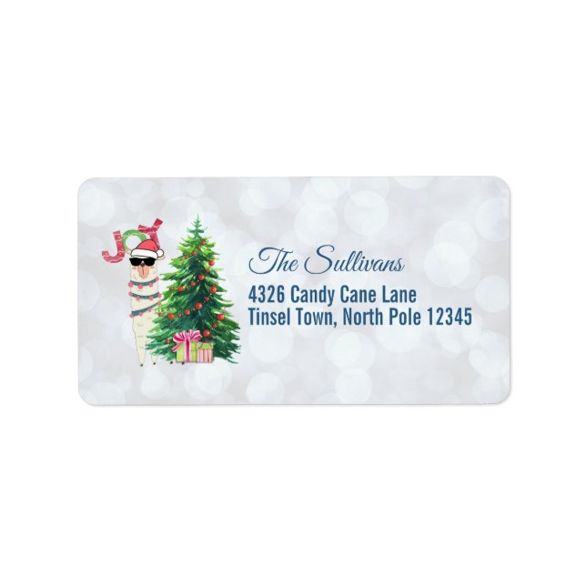 Cool Christmas Llama | Joy Typography | Bokeh Back Label (Front)