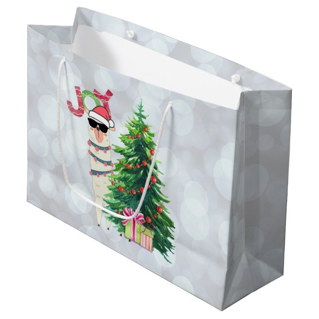 Cool Christmas Llama | Joy Typography | Bokeh Back Large Gift Bag (Front Angled)