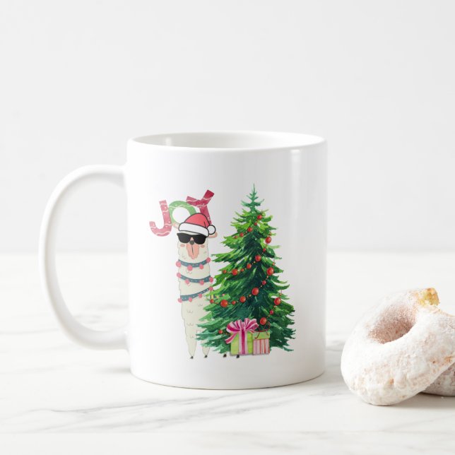 Cool Christmas Llama with Sunglasses and Santa Hat Coffee Mug (With Donut)