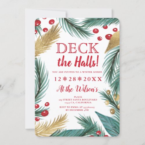 Cool Christmas pine mistletoe gold deck the halls Invitation