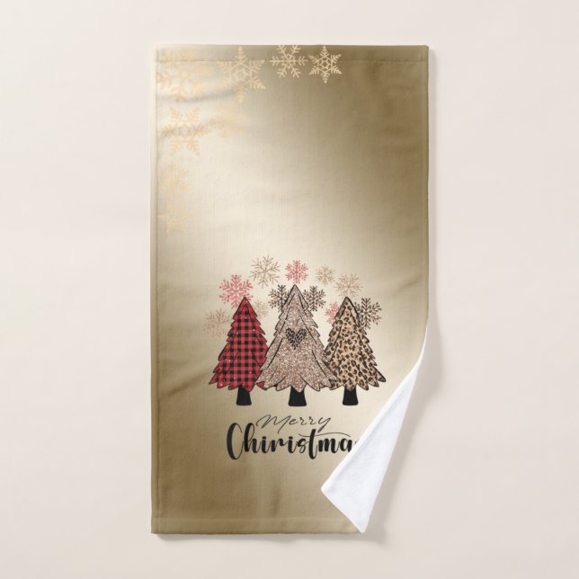 Cool Christmas Pine Trees,Snowflakes Gold Bath Towel Set (Hand Towel)