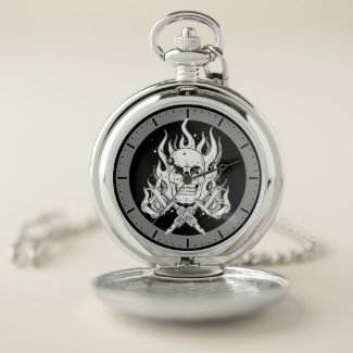 Cool classic black white tattoo skull flame tool pocket watch