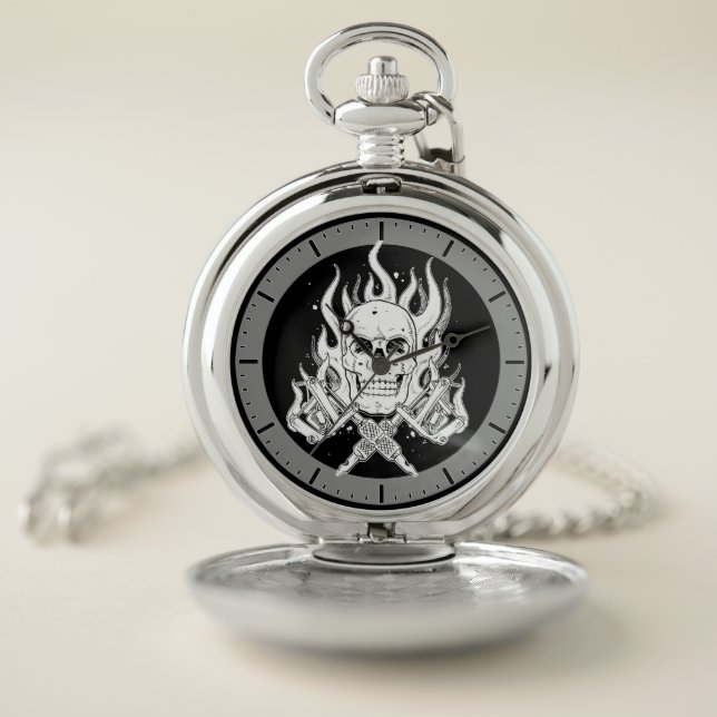 Cool classic black white tattoo skull flame tool pocket watch (Inside)