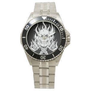 Cool classic black white tattoo skull flame tool watch