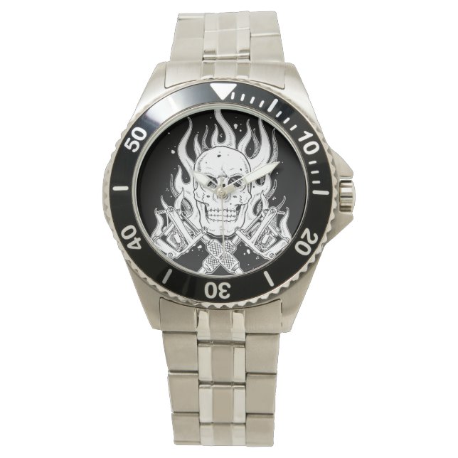 Cool classic black white tattoo skull flame tool watch (Front)