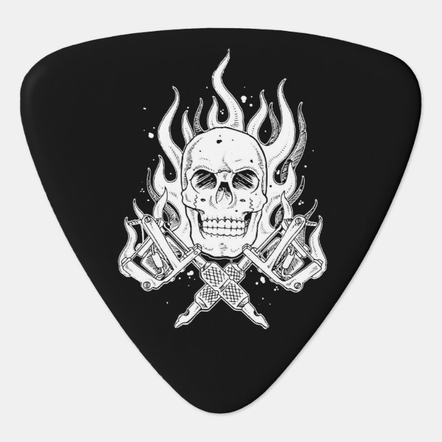 Cool classic black white tattoo skull flame tools guitar pick (Front)