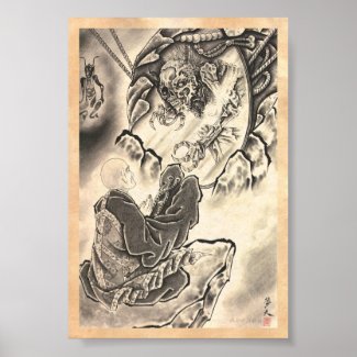 Cool classic vintage japanese demon monk tattoo poster