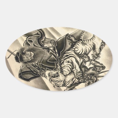 Cool classic vintage japanese demon samurai tiger oval sticker