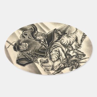 Cool classic vintage japanese demon samurai tiger oval sticker