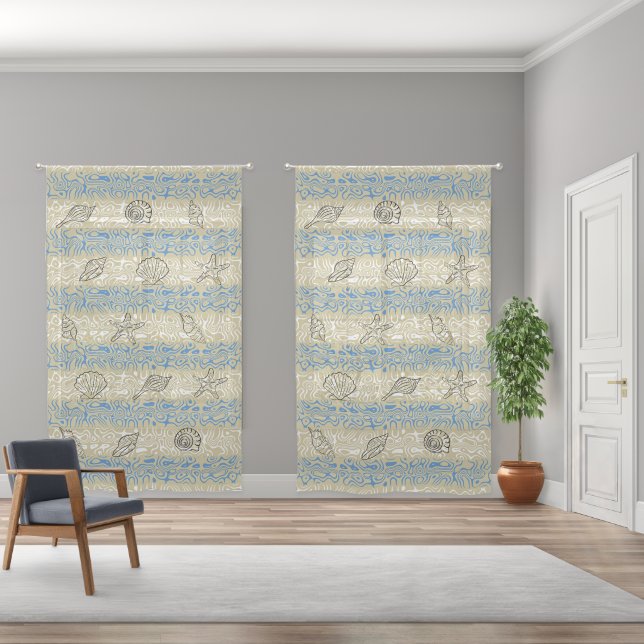 Cool Coastal Seashells Ocean Waves Beach House Sheer Curtains (Wide)