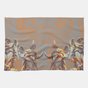 Cool collage of sculptures and orange circles kitchen towel