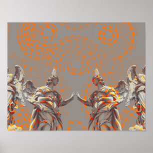 Cool collage of sculptures and orange circles poster
