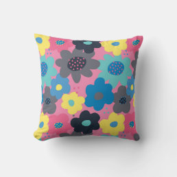 Cool Colorful Abstract 60s Hippie Floral Pattern Throw Pillow