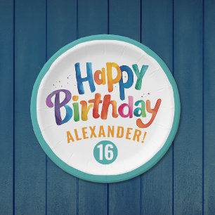 Cool Colorful Birthday Party Teal Brush Typo Paper Plates