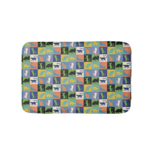 Cool Colorful Cat Silhouettes in Quilt Squares Bath Mat