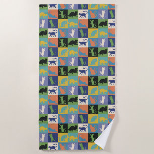 Cool Colorful Cat Silhouettes in Quilt Squares Beach Towel