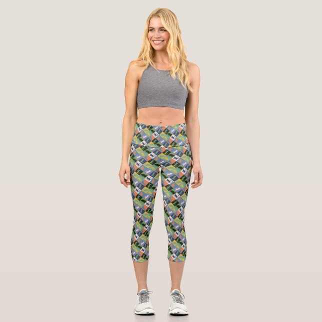 Cool Colorful Cat Silhouettes in Quilt Squares Capri Leggings (Front)