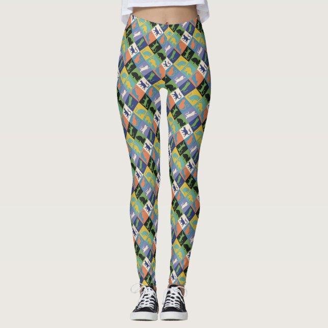 Cool Colorful Cat Silhouettes in Quilt Squares Leggings (Front)