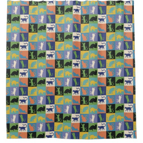 Cool Colorful Cat Silhouettes in Quilt Squares Shower Curtain