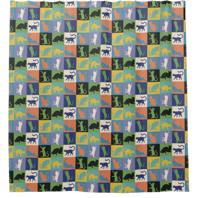 Cool Colorful Cat Silhouettes in Quilt Squares Shower Curtain (Front)