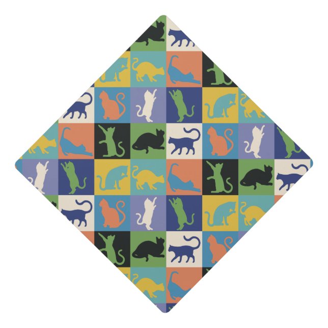 Cool Colorful Cats in Quilt Squares Graduation Cap Topper (Front)