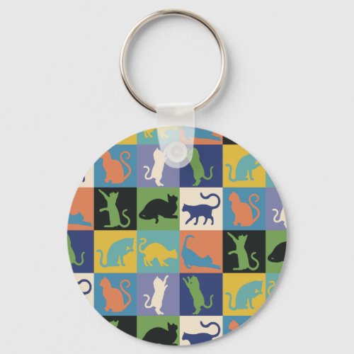 Cool Colorful Cats in Quilt Squares Keychain