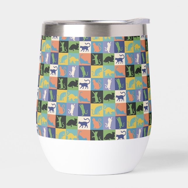 Cool Colorful Cats in Quilt Squares Thermal Wine Tumbler (Left)