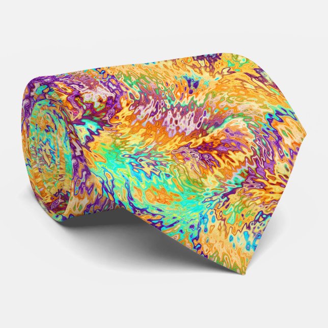 Cool Colorful Crazy Psychedelic Waves Pattern Neck Tie (Rolled)