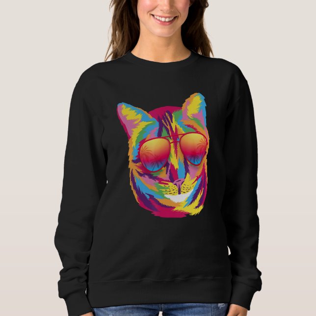 Cool Colorful Cute Cat Sunglasses Tropical Palm Tr Sweatshirt (Front)