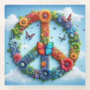 Cool & Colorful Floral Peace Sign with Butterfly Glass Coaster