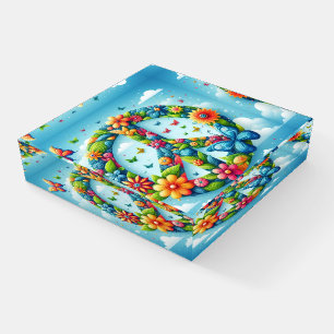 Cool & Colorful Floral Peace Sign with Butterfly Paperweight