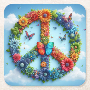 Cool & Colorful Floral Peace Sign with Butterfly Square Paper Coaster