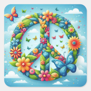 Cool & Colorful Floral Peace Sign with Butterfly Square Sticker