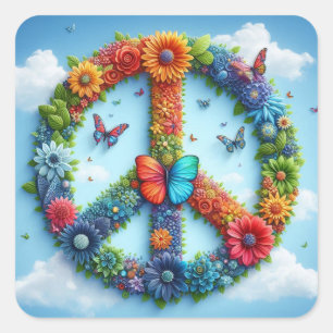 Cool & Colorful Floral Peace Sign with Butterfly Square Sticker