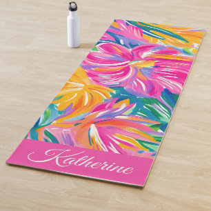 Cool Colorful Floral Script Name Tropical Yoga Mat